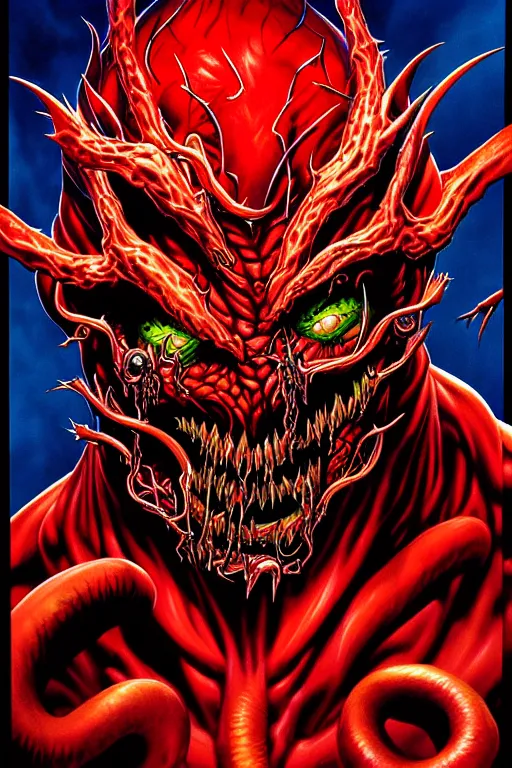 Image similar to airbrush portrait of carnage from marvel masterpieces trading cards by dimitri patelis