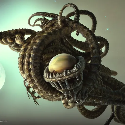 Image similar to a biomechanical space kraken eating one of the moons of Jupiter, hype realistic, Octane render, Unreal Engine 3D