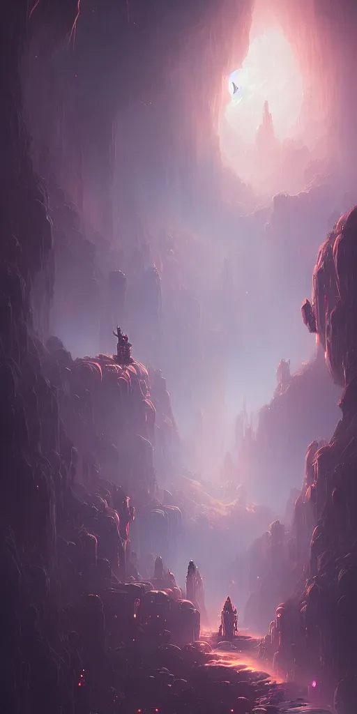 Prompt: Detailed Interior of the Eerie Moon Canyon, Deep Space, Airless, light shafts, the glowing throne, stunning atmosphere, in Style of Peter Mohrbacher, cinematic lighting