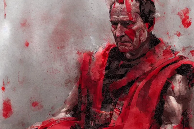 Prompt: the end is near. a tired julius caesar is sitting on his throne. face is highly detailed. splices of red are running down his toga. mist. color scheme red. low angle medium shot. imagined by greg rutkowski and craig mullins