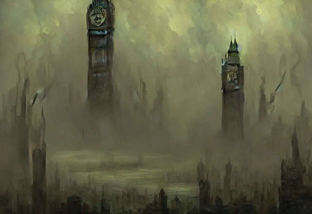 Prompt: cthulhu attacks london with tentacles in green mist by carl gustav carus, clocktower, steampunk, digital art, 4k, trending on artstation, highly detailed