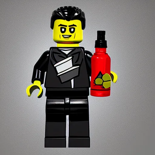 Image similar to photo of lego figure of men in black Adidas tracksuit holding a bottle