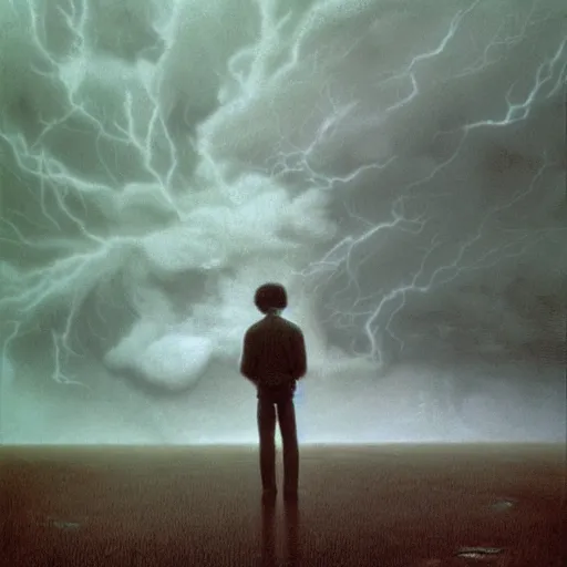 Image similar to killua zoldyck made by zdzisław beksinski, thunderstorm, 8 k, detailed, cinematic, rain, crying, black