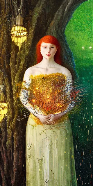 Image similar to young woman, serene smile, surrounded by golden firefly lights, amidst nature fully covered by a intricate detailed dress, long red hair, precise linework, accurate green eyes, small nose with freckles, smooth oval shape face, empathic, expressive emotions, spiritual scene, hyper realistic ultrafine art by artemisia gentileschi, jessica rossier, boris vallejo