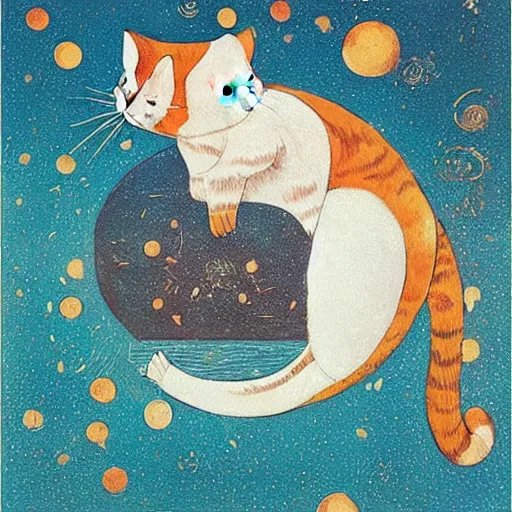 Prompt: cat floating in space , a mix media painting by Victo Ngai and Leonardo da Vinci and Natalia Goncharova