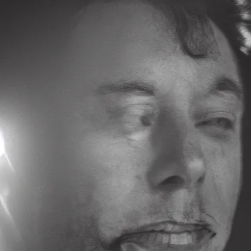 Image similar to voyeuristic cropped closeup of elon musk crying in a dimly lit cave, warm lighting, sony 5 0 mm lens