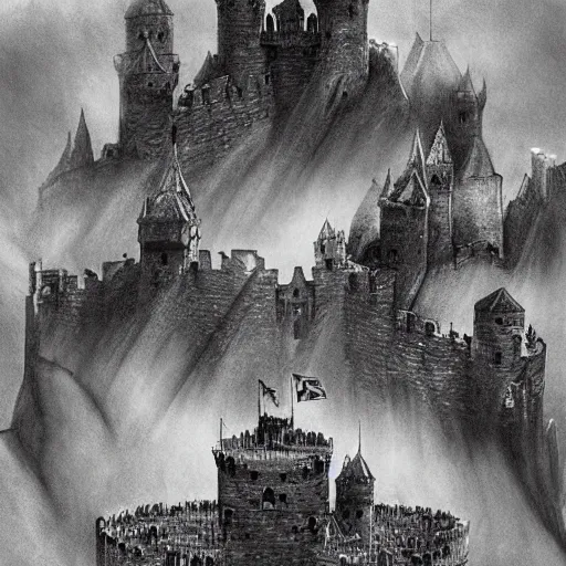 Image similar to pencil art, aerial shot, realistic, cinematic, hyper detailed, smooth, hero walking up to the castle to fight an evil army.