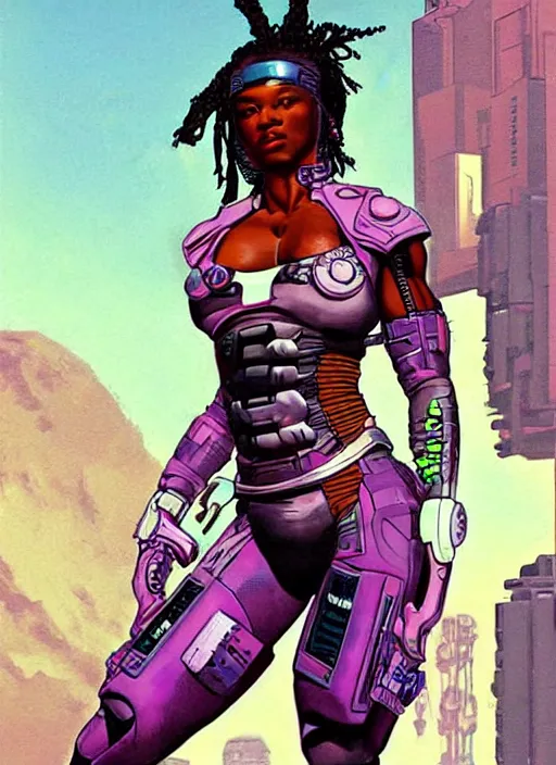 Image similar to sonya igwe. apex legends cyberpunk fitness babe. concept art by james gurney and mœbius.