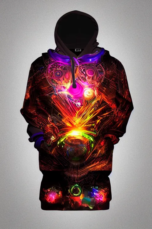 Image similar to photo of a hoodie, band merchandise, bandname is tripmachine, tourname is invasion of the tripmachines, realistic digital art, hoodie is textured with a 3 d render of a huge futuristic steampunk generator, 8 k, fluorescent colors, halluzinogenic, multicolored, exaggerated detailed, unreal engine