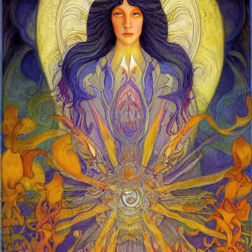 Prompt: the flower prince, by jean delville and donato giancola and nicholas roerich, and diego rivera, and leo and diane dillon, symbolist, tattoos, dramatic lighting, elaborate geometric ornament, art brut, god rays, soft cool colors, smooth, sharp focus, extremely detailed