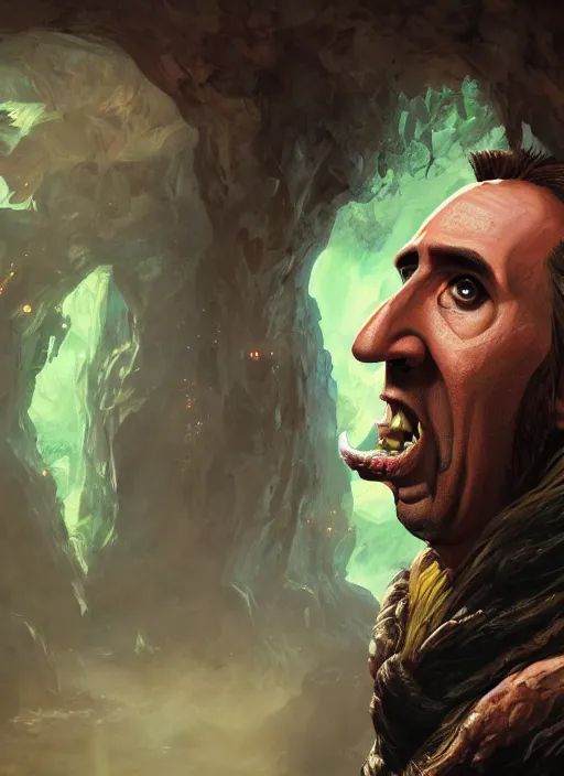 Image similar to A fantasy comic book style portrait painting of Nicolas Cage as a goblin in a cavern setting, unreal 5, DAZ, hyperrealistic, octane render, RPG portrait, ambient light, dynamic lighting