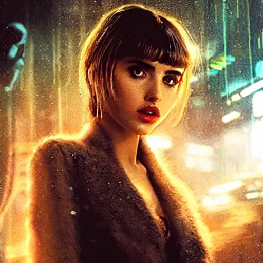 Prompt: ana de armas as a hologram in blade runner