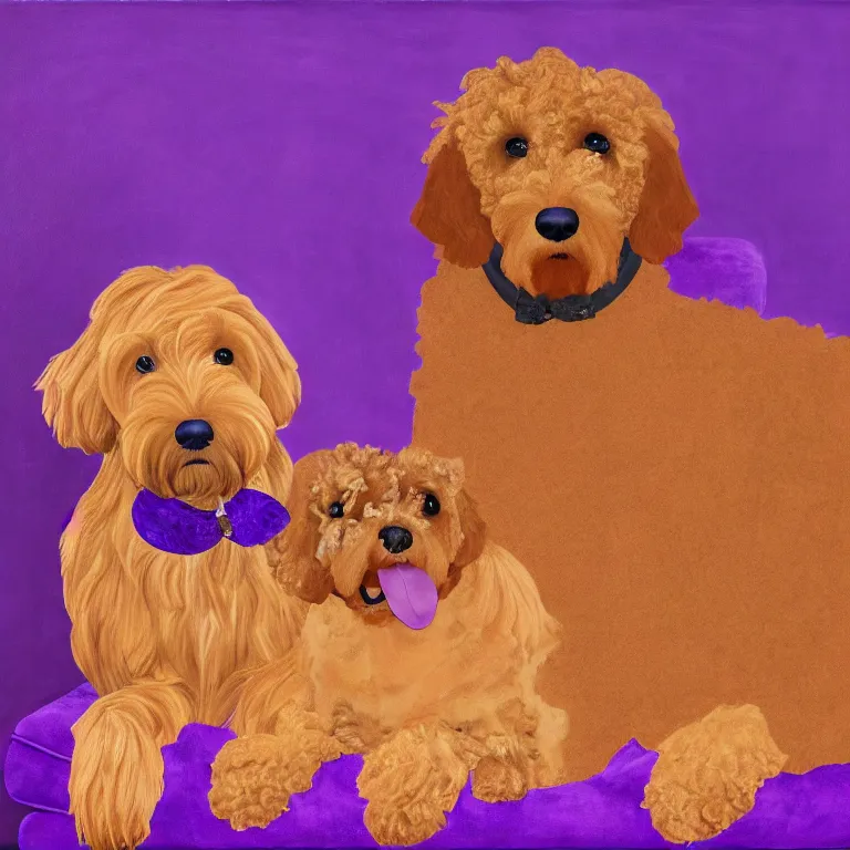 Prompt: a portrait of a royal throne flanked by an orange tabby sitting on a floating purple pillow to the left and a brown goldendoodle sitting on a floating purple pillow to the right, oil on canvas, soft lighting, 8 k