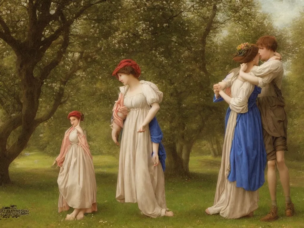 Image similar to a shy young couple have a secret rendezvous in a park : : springtime, in the style of edmund blair leighton