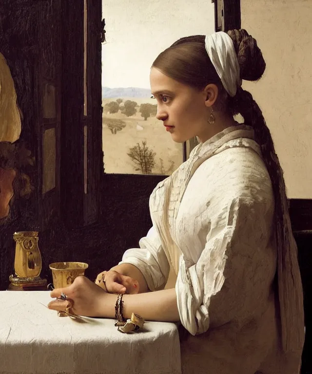 Image similar to a highly detailed, beautifully lit portrait of a pretty, young alicia vikander alba sitting at a table by an open window, oil painting portrait by vermeer and bouguereau
