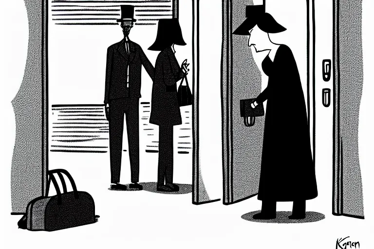 Prompt: tall, security guard checks the bags of a worried looking woman, art in the style of the new yorker, ed koren