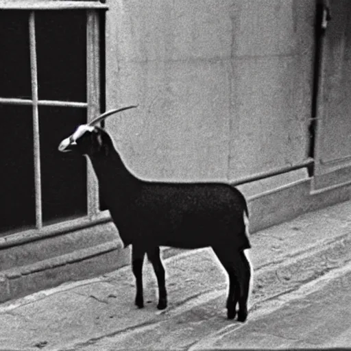 Prompt: a goat wearing Victorian clothing, cctv camera footage, found footage, thermal imaging\'