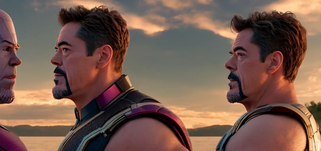 Prompt: a very high resolution image from a new movie. thanos kissing tony stark on a lake, photorealistic, photography, directed by wes anderson