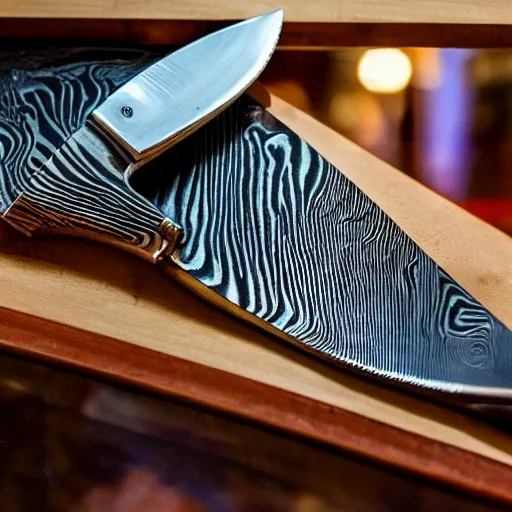 Prompt: A Damascus steel knife is sitting in a display case in a museum.