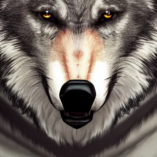 Image similar to portrait of a wolf dressed in a sweatshirt, artstation, animatronic,8K,