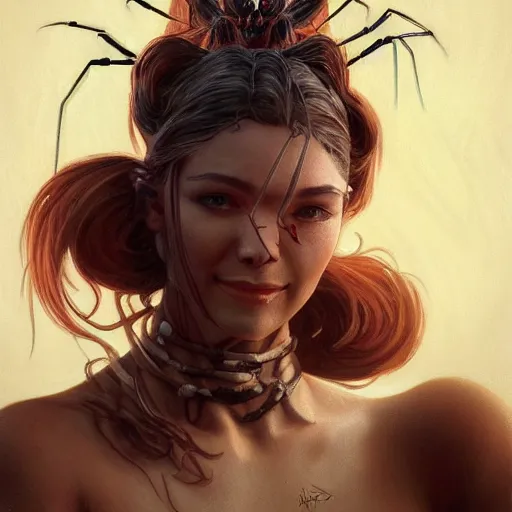 Image similar to A portrait painting of a spider woman with giant spider legs and hair needles crawling out of a volcano, illustration, detailed, award-winning, trending on artstation, by artgerm and Greg Rutkowski and Alphonse Mucha H-768