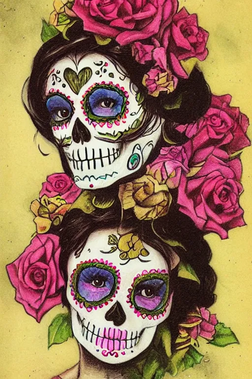 Prompt: Illustration of a sugar skull day of the dead girl, art by Arthur Hughes