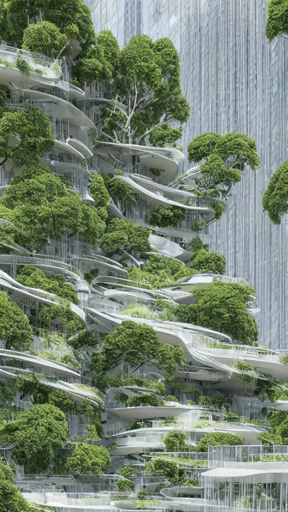 Prompt: photo in style of hiroshige and piranesi. ecological parametric futuristic building in a urban setting. ultrarealistic, white page. mossy residential buildings have deep tall balconies with plants, trees, and many people. thin random columns, large windows, deep overhangs. greeble articulated details. 8 k, uhd.