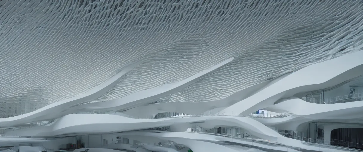 Image similar to movie still 4 k uhd 3 5 mm film color photograph of a clean white futuristic architecture minimal biology lab full of plants, foster + partners, zaha hadid