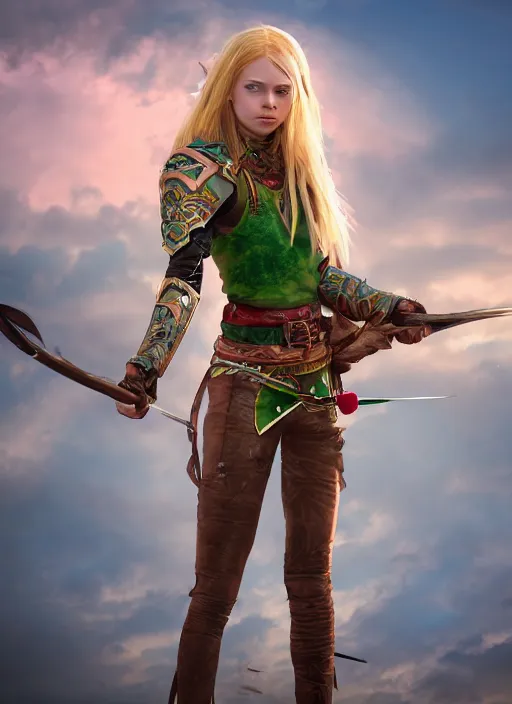 Image similar to An epic fantasy comic book style portrait painting of a young girl with long blonde hair and blue eyes. Wearing brown, green and pink leather tribal combat clothes. She is holding hunting bow. Unreal 5, DAZ, hyperrealistic, octane render, cosplay, RPG portrait, dynamic lighting