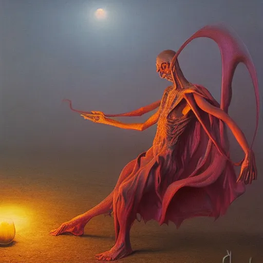 Prompt: a ray traced painting of a necromancer casting an evil spell, fantasy art, 4k, HDR, photorealistic, 8k by zdzisław beksiński