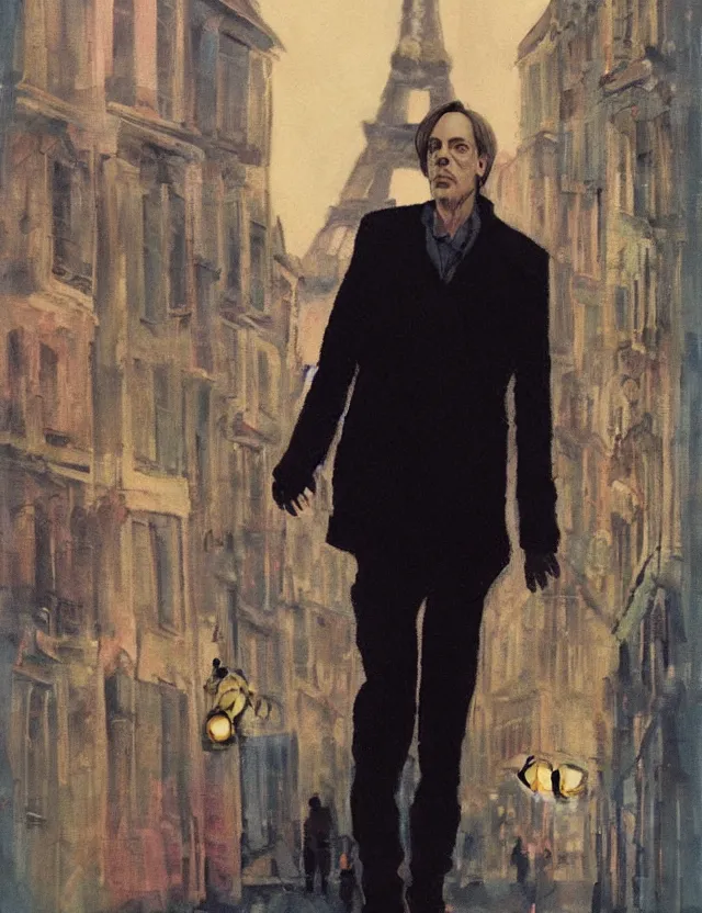 Prompt: steve buscemi in paris. gouache fairytale art, russian romanticism, muted palette, backlighting, depth of field