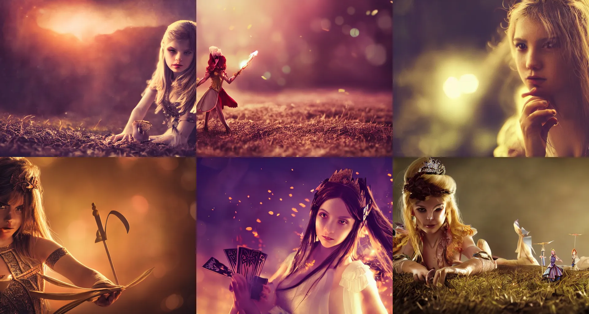 Prompt: close-up photo of a beautiful magician princess in a battle scene, shallow depth of field, photorealistic, cinematic lighting, warm colours, dusk