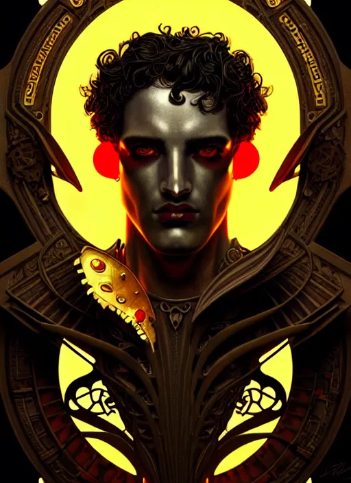 Prompt: portrait of greek god ares, black curly hair, glowing eyes, volumetric lights, war, yellow red scheme, art nouveau botanicals, gothic, intricate, highly detailed, digital painting, artstation, concept art, smooth, sharp focus, symmetric face, illustration, steampunk, art by artgerm and greg rutkowski and alphonse mucha