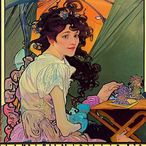 Image similar to Caucasian fortune teller lady with curly hair, a spread of tarot cards on a table, cats on her side, in a colorful tent, Alphonse Mucha poster ,