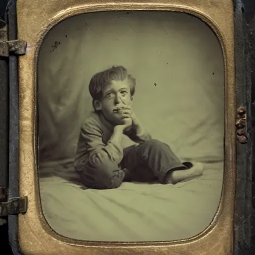 Prompt: tintype photo of a scared boy in bed, a claw is reached out from under the bed
