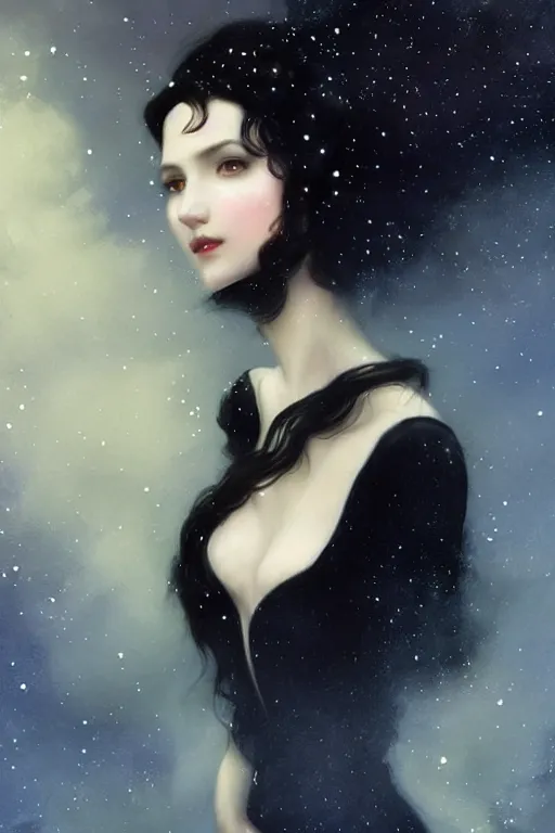 Image similar to Nocturne, glowing, stars, a long-legged elegant sultry woman, long black hair, pearl choker, snow white, highly detailed, mysterious, ethereal, dressed in black velvet, haute couture, illustration, dramatic lighting, soft details, painting, by Edmund Blair Leighton, Brom, Charlie Bowater, trending on artstation, faces by otto schmidt