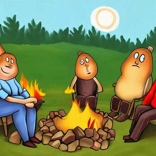 Prompt: anthropomorphic prunes sit around a campfire having a discussion on the taste of pineapples, digital art