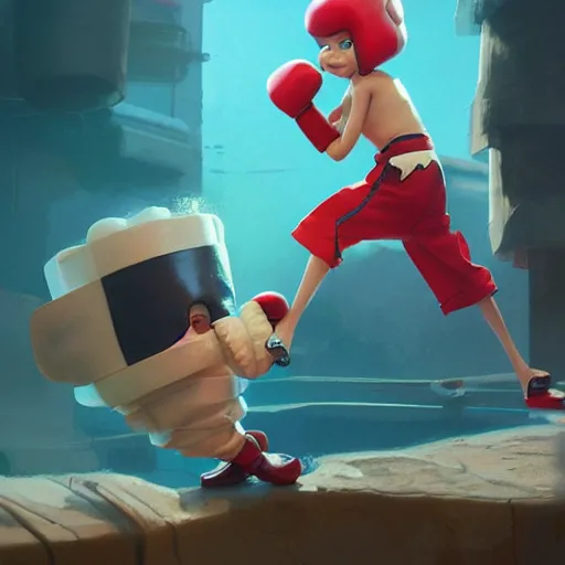 Prompt: slice of bread with boxing gloves on, cute pixar character, volumetric lighting, dynamic composition, fantasy, hyper detailed, ultra realistic, sharp focus, octane render, concept art by sachin teng and sergey kolesov and ruan jia and heng z