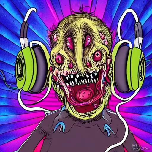 Image similar to artgerm, psychedelic laughing cronenberg horror creature, from a b - grade horror film, rocking out, headphones dj rave, digital artwork, r. crumb, svg vector