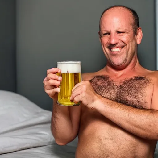 Prompt: a middle aged man, thinning hair, wearing under shirt and underpants, holding a beer, showing off his (racecar! bed) in his apartment.