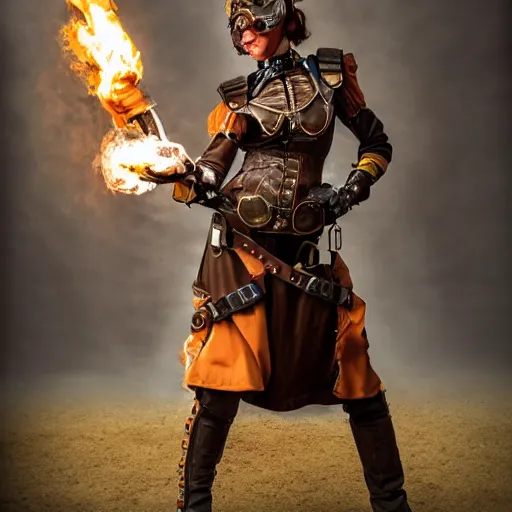 Prompt: photo of a female steampunk warrior with jetpack and flamethrower