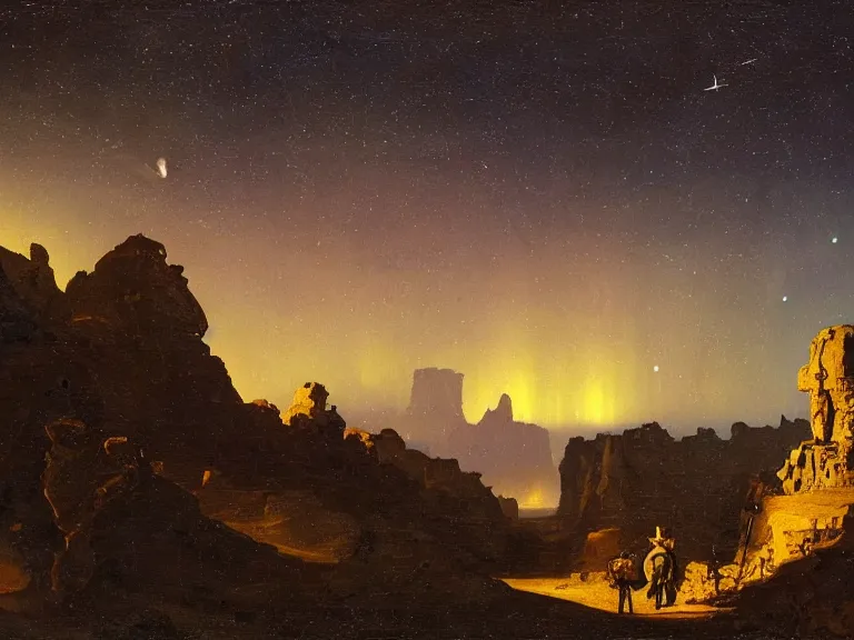 Prompt: an oil painting of a canyon on an alien planet with a distant outpost at dusk with aurora lighting up the sky and a small shooting star by carl spitzweg and tuomas korpi. baroque elements, full-length view. baroque element. intricate artwork by caravaggio. Trending on artstation. 8k