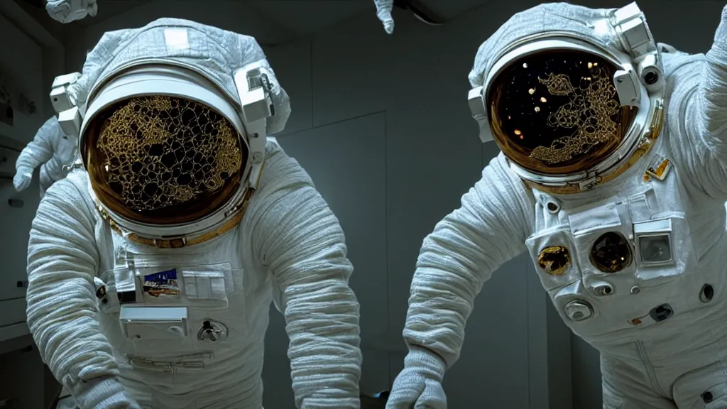 Image similar to a single astronaut eva suit made of diamond 3d fractal lace iridescent bubble 3d skin and covered with insectoid compound eye camera lenses floats through the living room, film still from the movie directed by Denis Villeneuve with art direction by Salvador Dalí, wide lens,