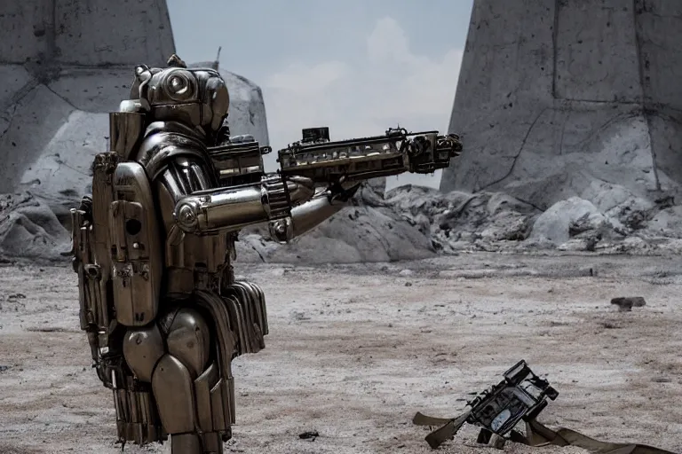 Image similar to vfx movie, sci - fi super soldier in worn military futuristic armor, posing with futuristic rifle in alien technology temple, by emmanuel lubezki