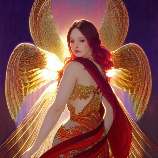 Image similar to a beautiful orchid phoenix angel woman, in an ornamented dress with large wings, volumetric light, god rays, 8 k high resolution, rubies, by greg rutkowski, alphonse mucha, artgerm,