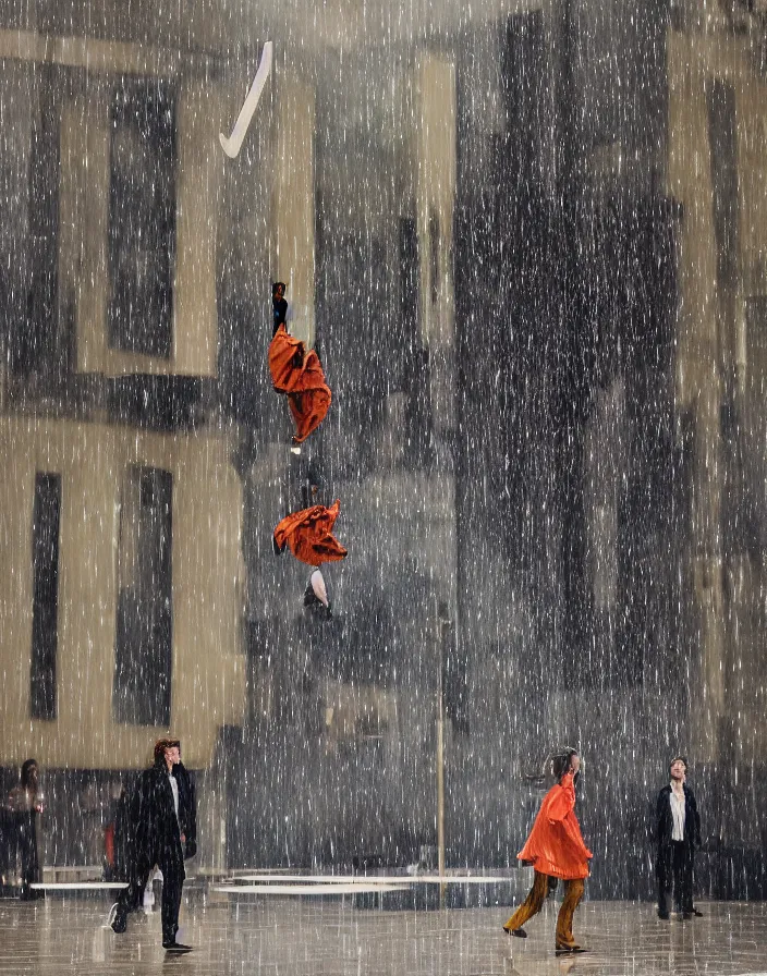 Prompt: one slick fashionable zara raincoat flying hanging mid - air on a glittering rainy display designed by james terrell, wes anderson, symmetry, rule of thirds