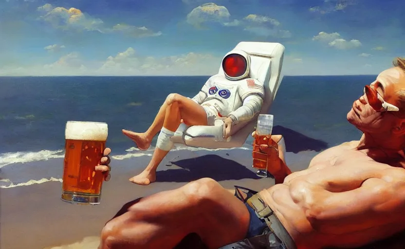 Prompt: An astronaut chilling at the beach and drinking a beer, oil on canvas by Frank Frazetta, artstation, digital art, WLOP, Mandy Jurgens