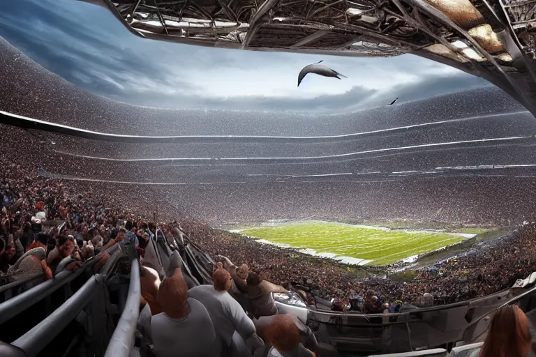 Image similar to a humpback whale flying over the NFL Super Bowl Stadium cinematic lighting by Jessica Rossier