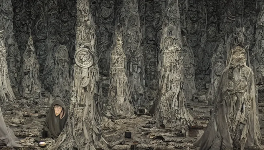 Image similar to Enigmatic Hooded Figures perform a secret Ritual in a huge temple, High Detail, Movie Screenshot, denis villeneuve