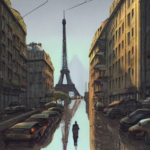 Image similar to a tall man standing next to a huge car, paris street view, city in the background, people walking in the distance, reflections on wet streets, dieselpunk style, steampunk, art by jean giraud and juan gimenez ; architecture by francois schuiten, beautiful illustration, drawing, painting, clean lines, digital art, symmetric, colorful retrofutur, artstation